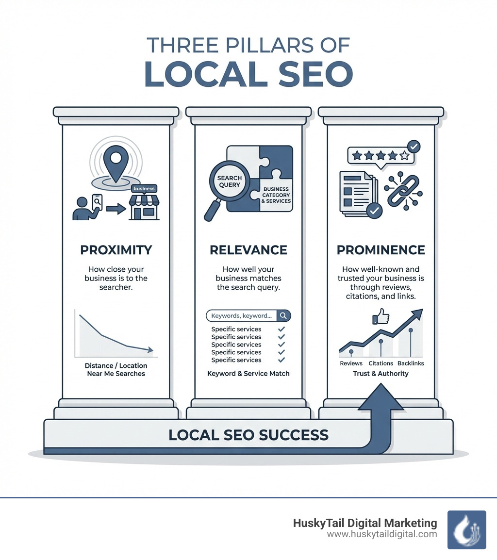 Infographic showing the three pillars of local SEO: Proximity (how close your business is to the searcher), Relevance (how well your business matches the search query), and Prominence (how well-known and trusted your business is through reviews, citations, and links) - local search optimization miami infographic 