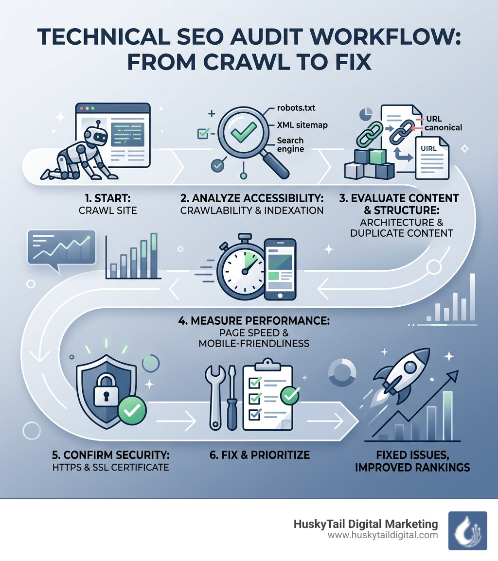 Technical SEO audit workflow infographic showing steps from crawl to fix - how can i audit my website for technical seo