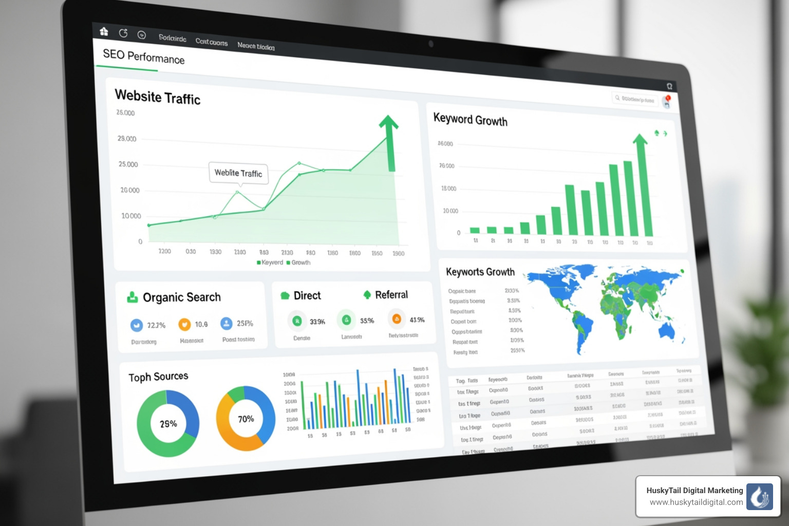 A professional SEO performance dashboard showing real-time traffic and keyword growth - dallas local seo agencies