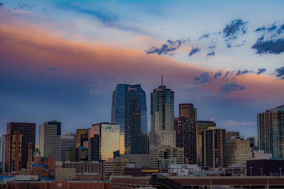 Denver skyline at sunset with local search overlay - local marketing Denver Denver skyline at sunset with local search overlay - local marketing Denver