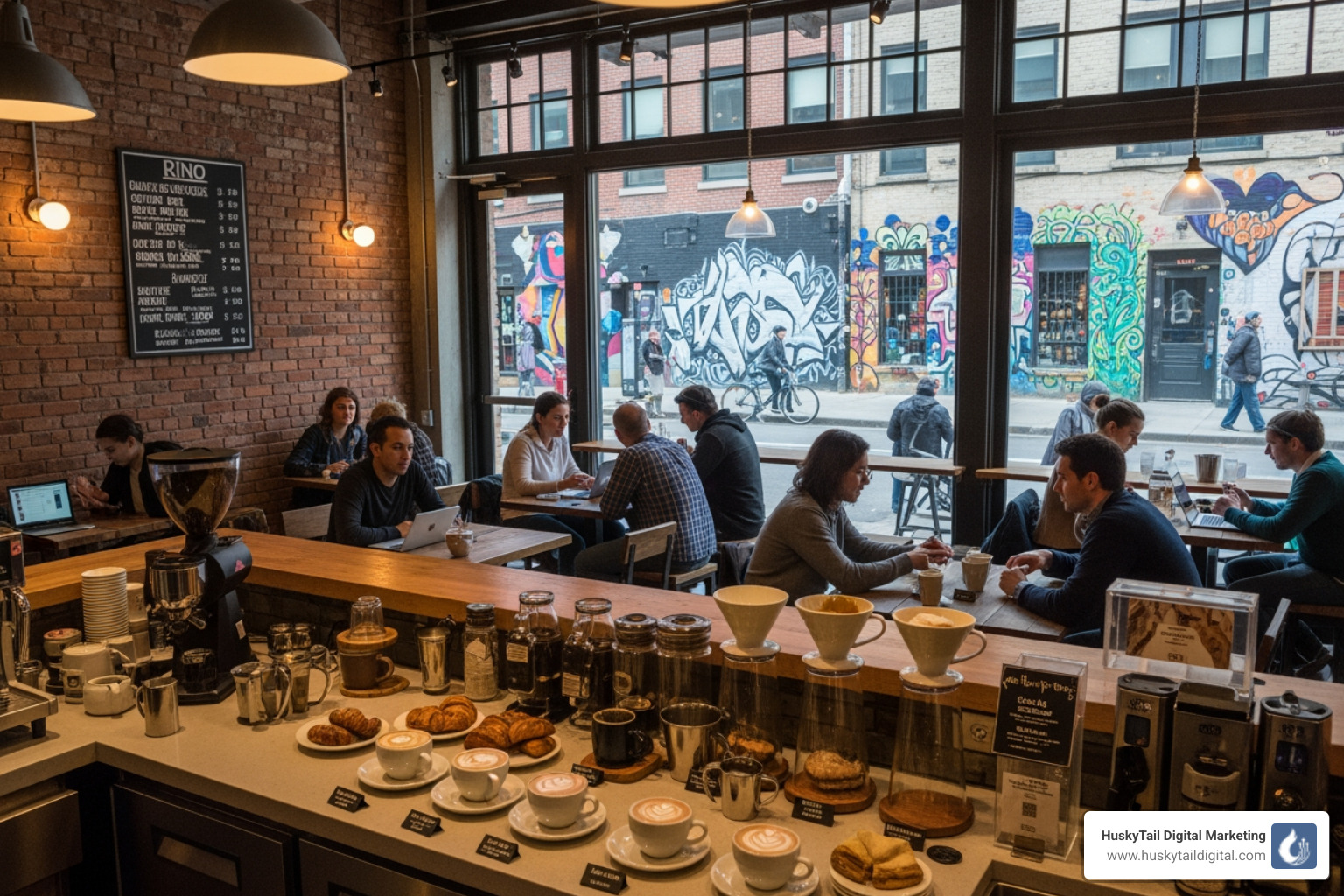 A vibrant local RiNo coffee shop showing the intersection of community and local business - local marketing Denver A vibrant local RiNo coffee shop showing the intersection of community and local business - local marketing Denver