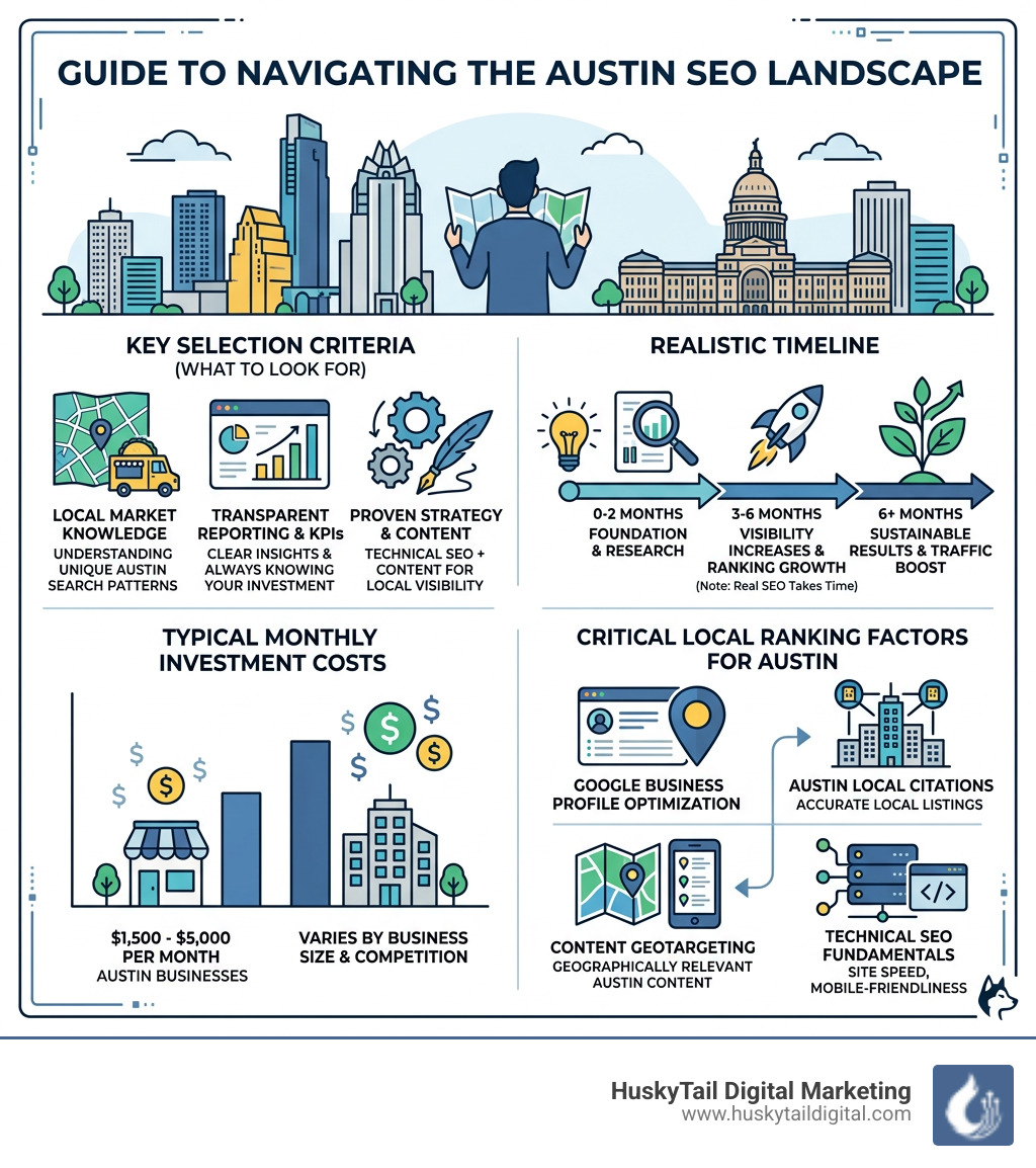 Austin SEO landscape infographic showing key selection criteria timelines costs and local ranking factors - austin seo