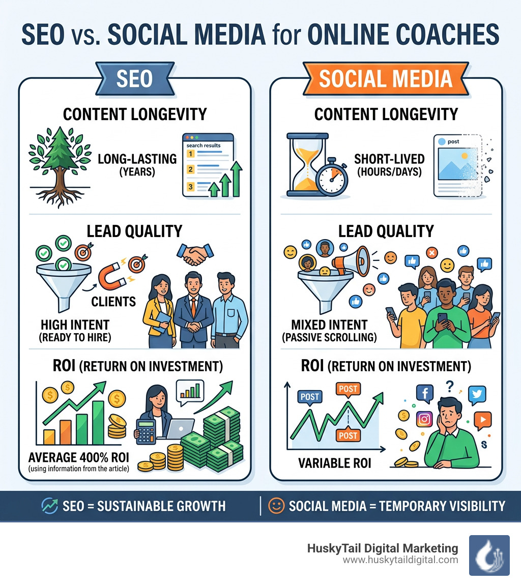 Infographic comparing SEO vs social media longevity, lead quality, and ROI for coaches - do online coaches and consultants Infographic comparing SEO vs social media longevity, lead quality, and ROI for coaches - do online coaches and consultants