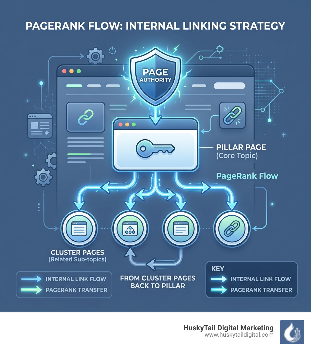 Infographic showing PageRank flowing through internal links from pillar to cluster pages - internal linking seo strategy Infographic showing PageRank flowing through internal links from pillar to cluster pages - internal linking seo strategy