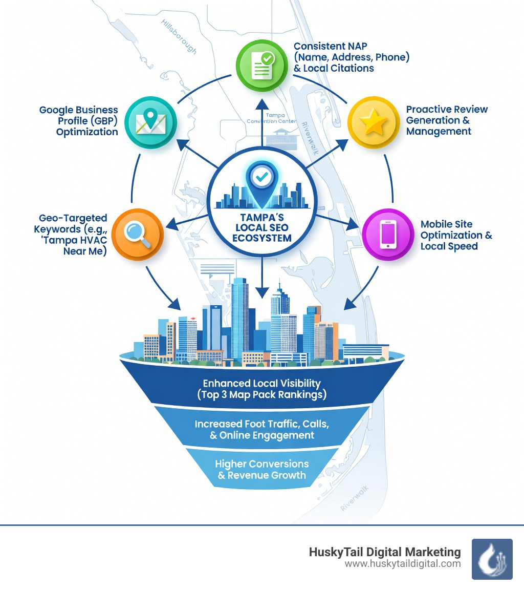 Infographic showing the Tampa local SEO ecosystem including Google Business Profile, local citations, reviews, mobile optimization, and geo-targeted keywords flowing into increased visibility, foot traffic, and conversions - local seo service tampa infographic Infographic showing the Tampa local SEO ecosystem including Google Business Profile, local citations, reviews, mobile optimization, and geo-targeted keywords flowing into increased visibility, foot traffic, and conversions - local seo service tampa infographic