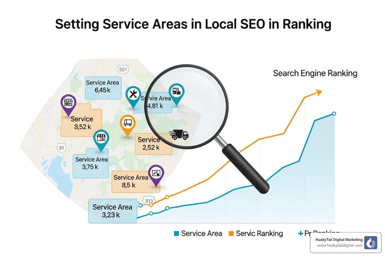 service area settings local SEO ranking map with ghosted location pins - can setting service areas in local seo impact
