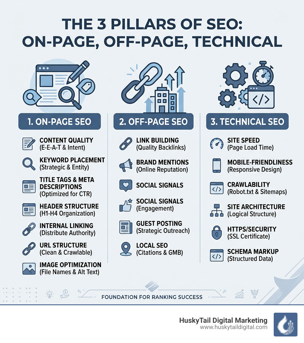 Infographic showing three pillars of SEO: On-page, Off-page, and Technical with key components - on page seo service Infographic showing three pillars of SEO: On-page, Off-page, and Technical with key components - on page seo service