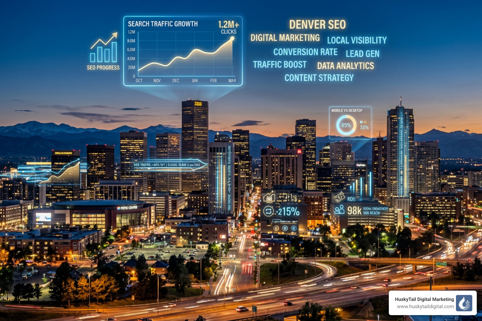 Denver search marketing skyline with digital overlays - Denver search marketing