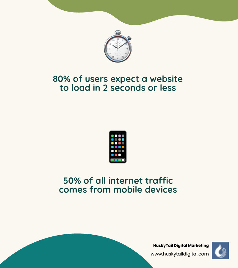 infographic showing that 80% of users expect 2-second load times and 50% of traffic is mobile - free seo audit report