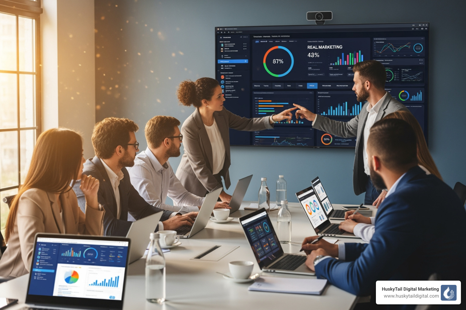 A diverse team of digital marketing professionals collaborating around a table, analyzing data on laptops and large screens, signifying collaboration and data-driven decision-making - local SEO agencies Houston