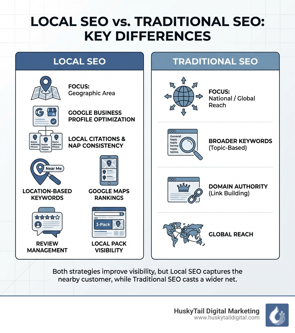 Infographic showing the key differences between Local SEO and traditional SEO, including focus on geographic area, Google Business Profile optimization, local citations and NAP consistency, location-based keywords, Google Maps rankings, review management, and local pack visibility versus national SEO focus on broader keywords, domain authority, and global reach - local SEO agencies Houston infographic 