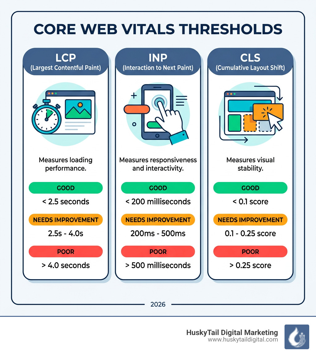 Stats showing Core Web Vitals thresholds for LCP, INP, and CLS - how to conduct a comprehensive seo audit for your website