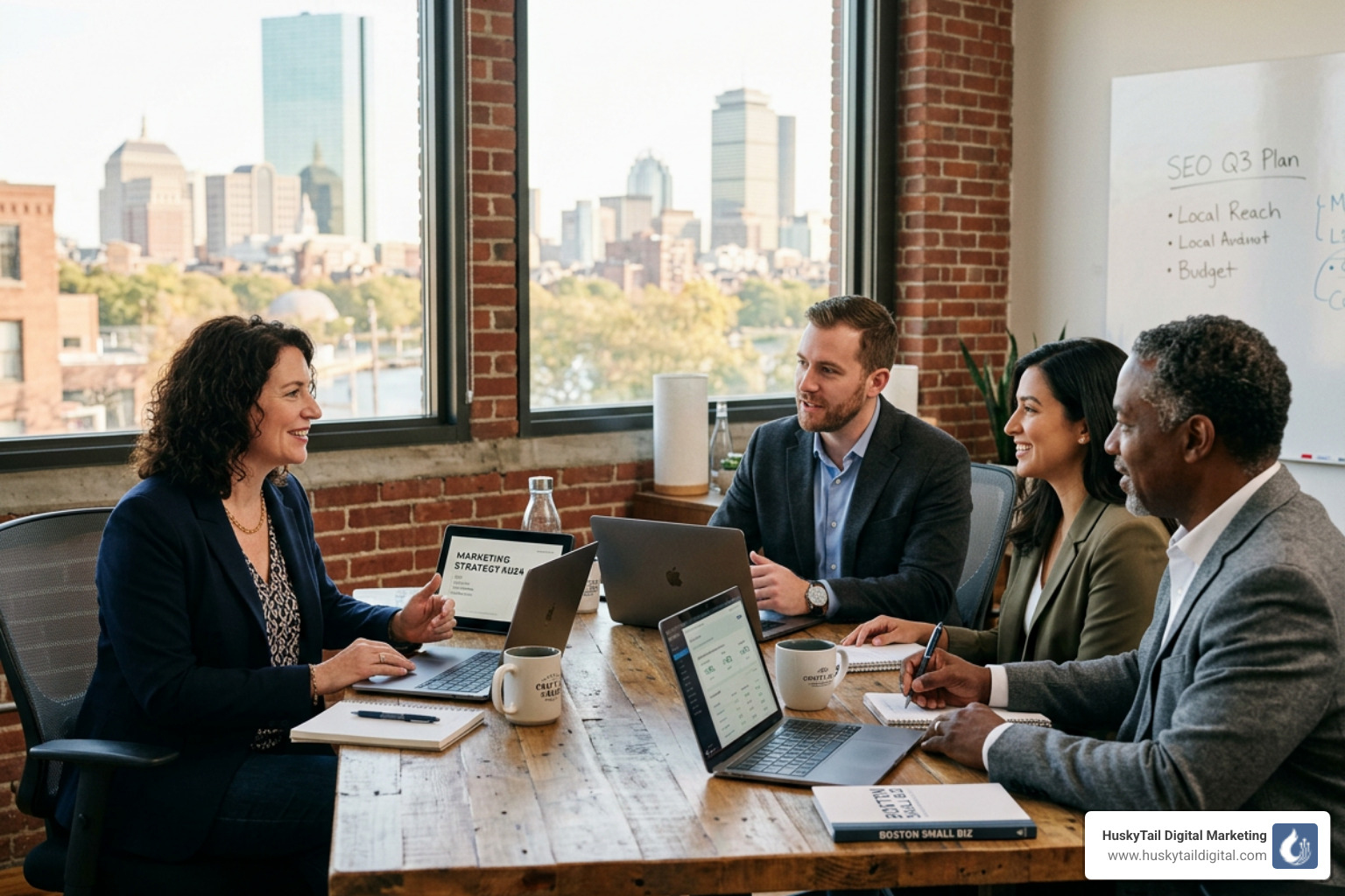 Local Boston business owners meeting with a digital marketing consultant in a brick-walled office - boston seo consultant Local Boston business owners meeting with a digital marketing consultant in a brick-walled office - boston seo consultant