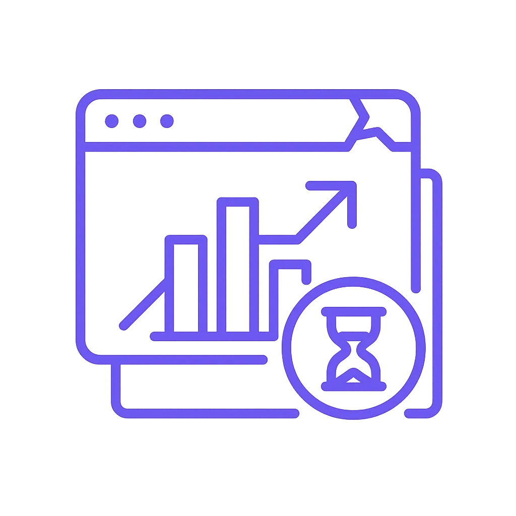 A Tellius purple icon, showing lagging static dashboards that take too long to find insights.