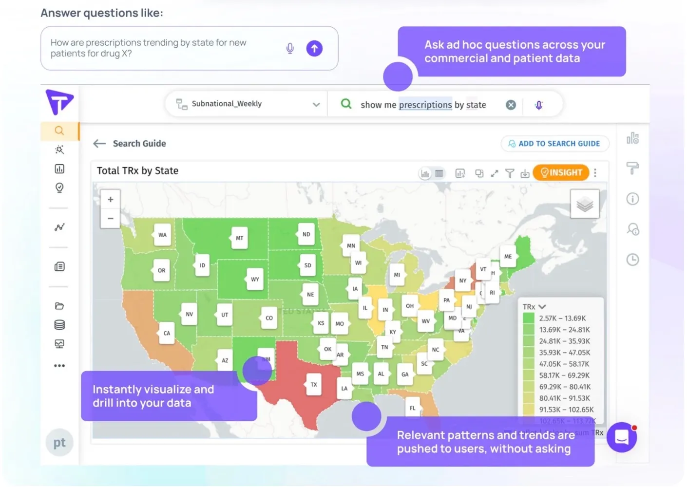 A United States map by state showing that you can ask ad hoc questions across commercial and patient data and also identify relevant trends and patterns, proactively
