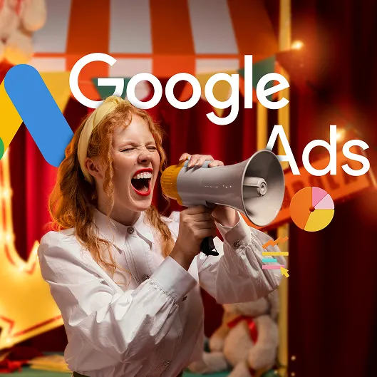 A woman yelling into a megaphone with google ads in the background.
