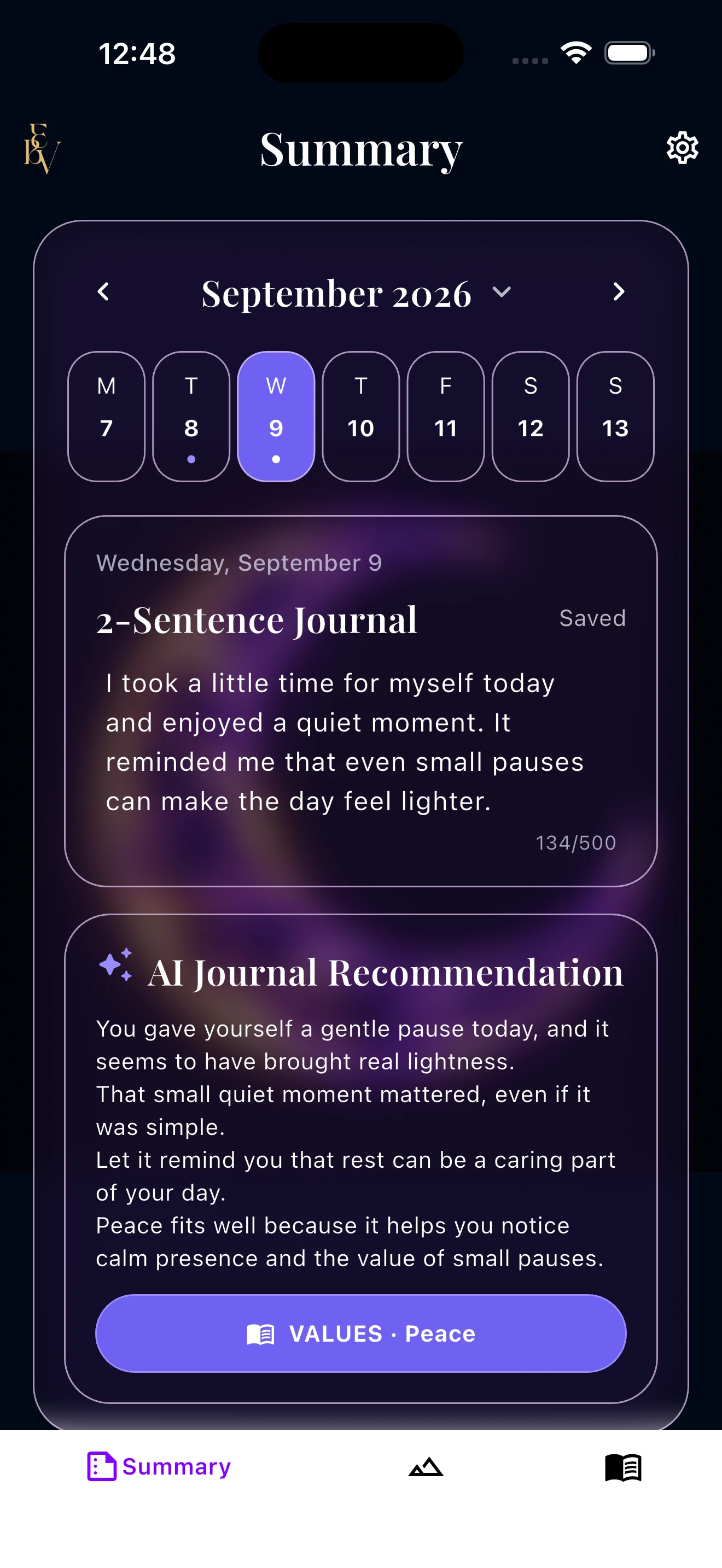 Valuever Summary with a two-sentence journal and AI journal recommendation