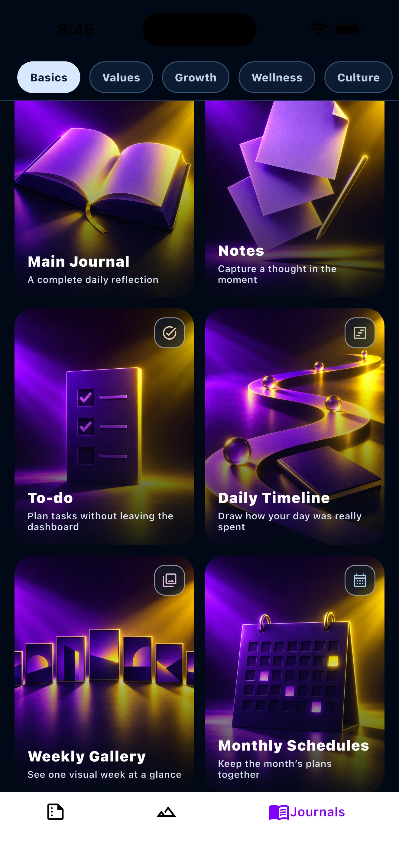 Valuever journals: Main Journal, Notes, To-do, Daily Timeline, Weekly Gallery and Monthly Schedules