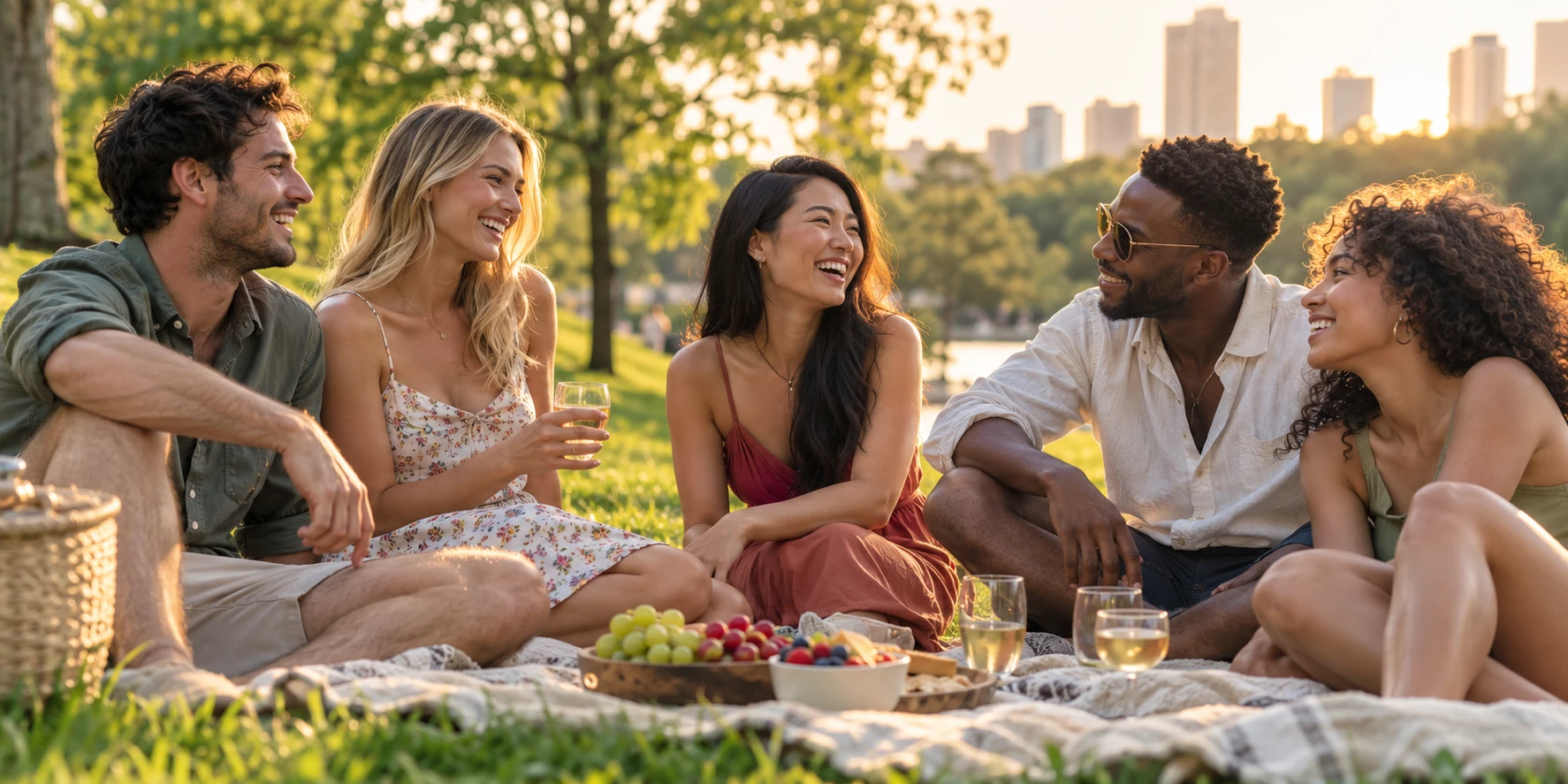 Diverse friends enjoying a picnic and conversation together