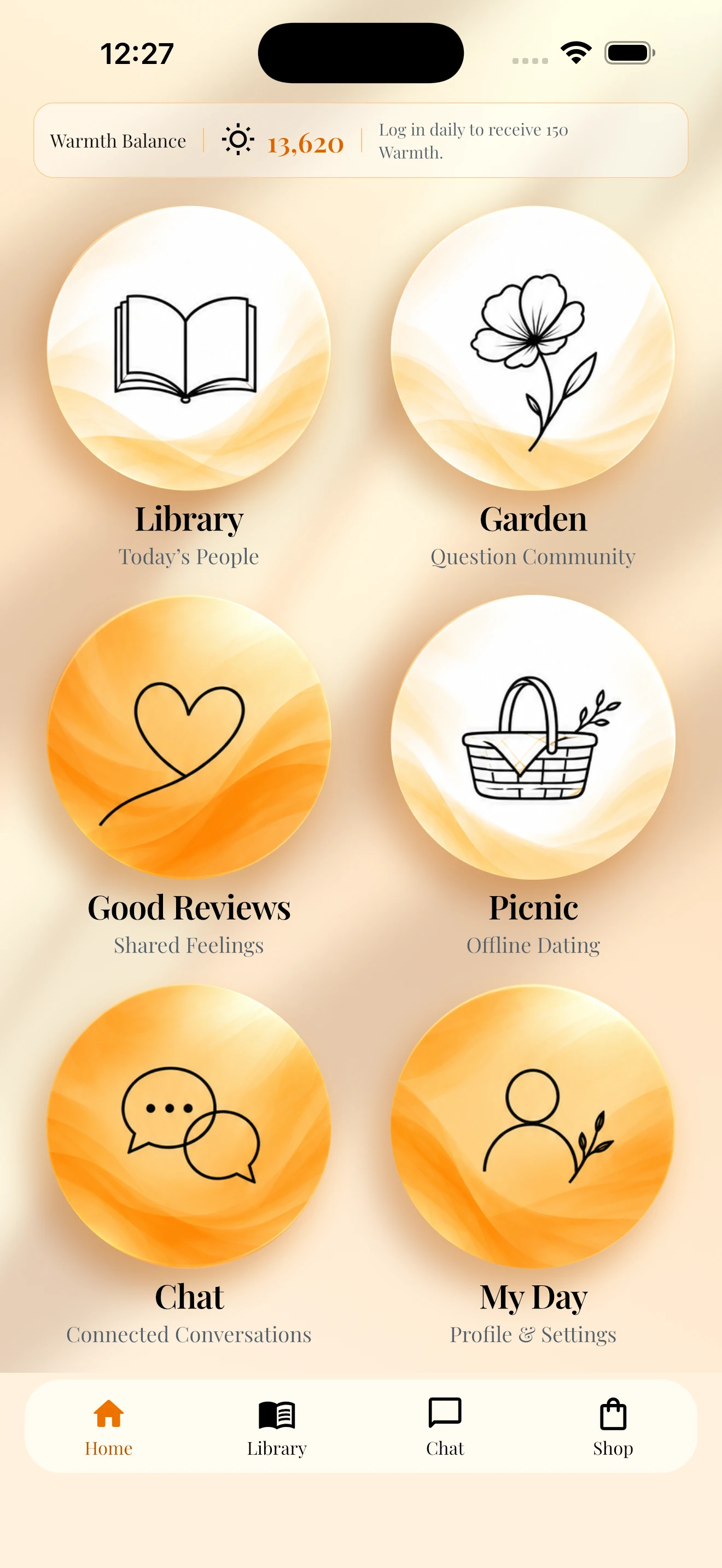 New True Connection home screen showing Library, Garden, Good Reviews, Picnic, Chat and My Day