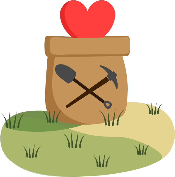 Vector graphic of a brown bag with trail tools on it, with a heart coming out of the bag