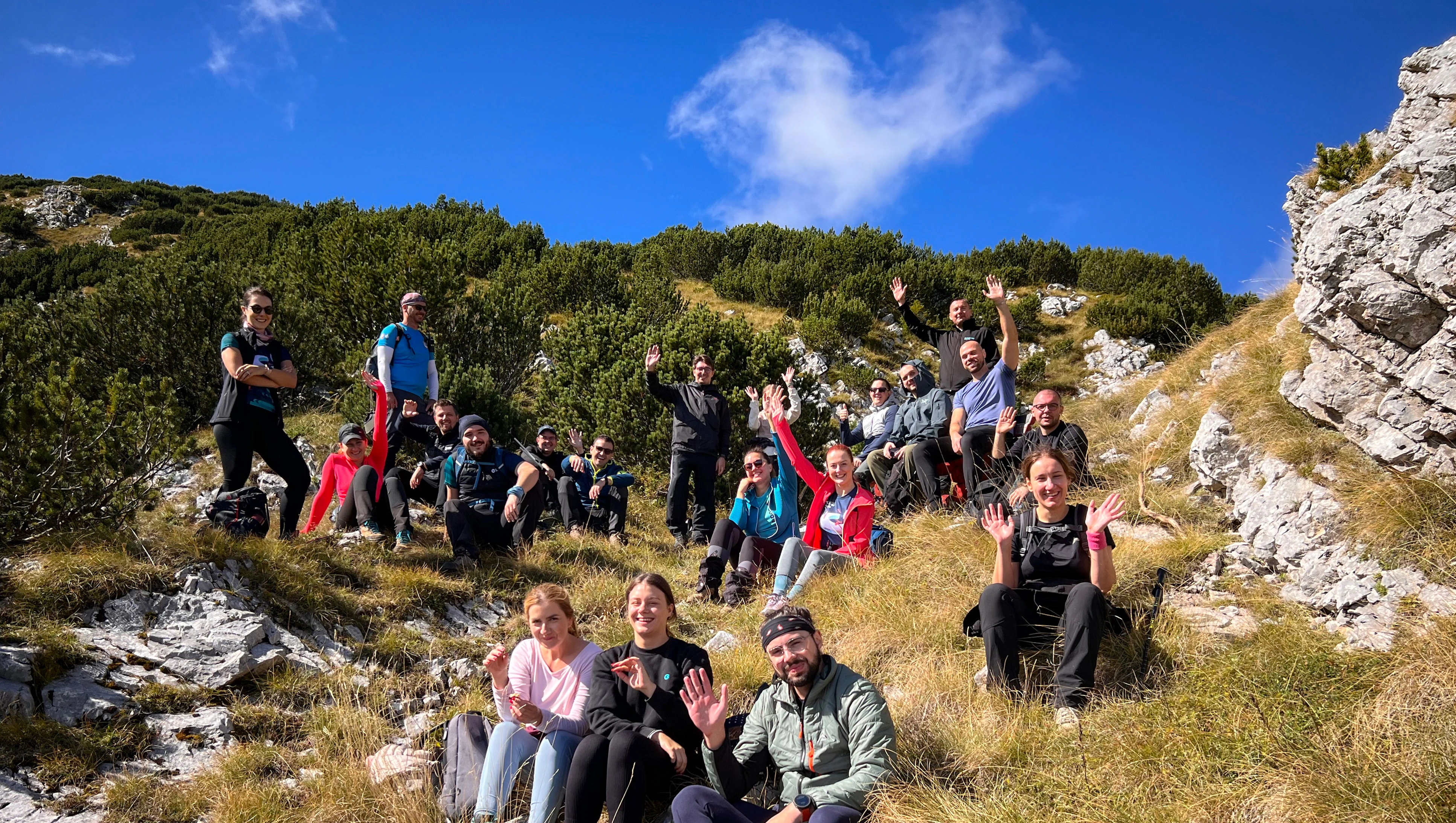 Galeyo team hiking as part of team-building activity in nature