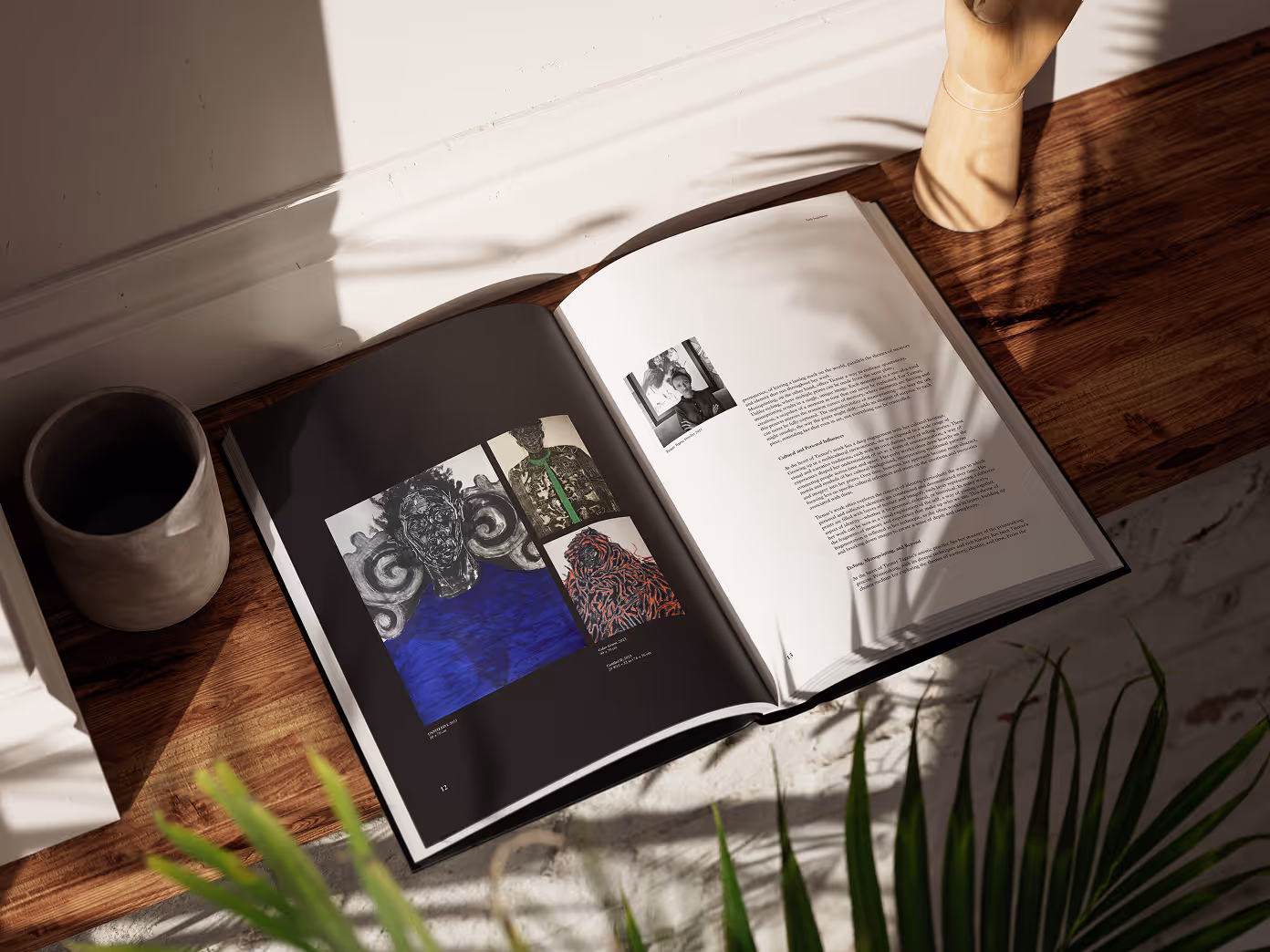 Interior layout pairing artwork with contextual writing and artist portrait.