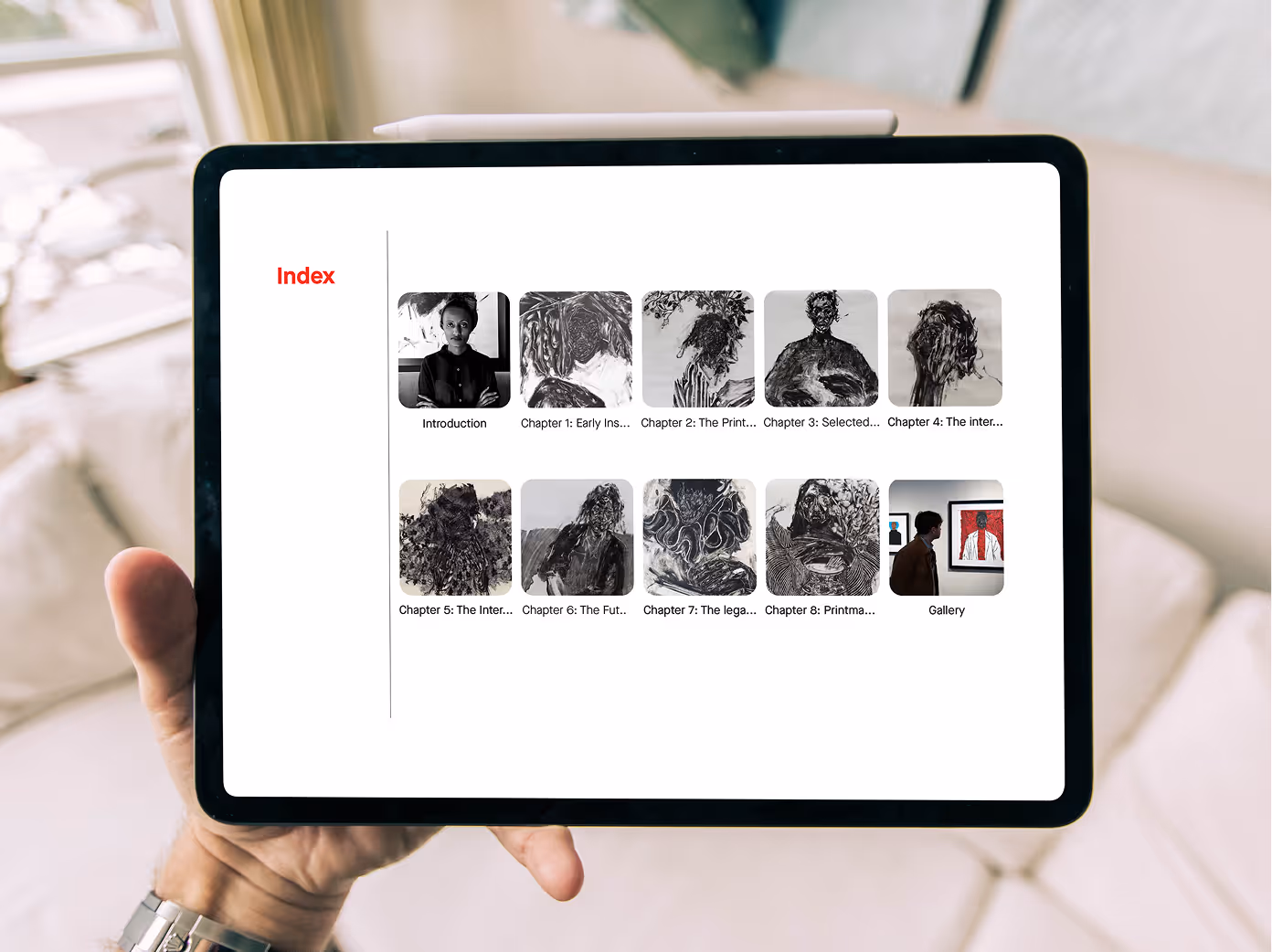 Interactive chapter layout displaying full visual archive of the artist’s work.