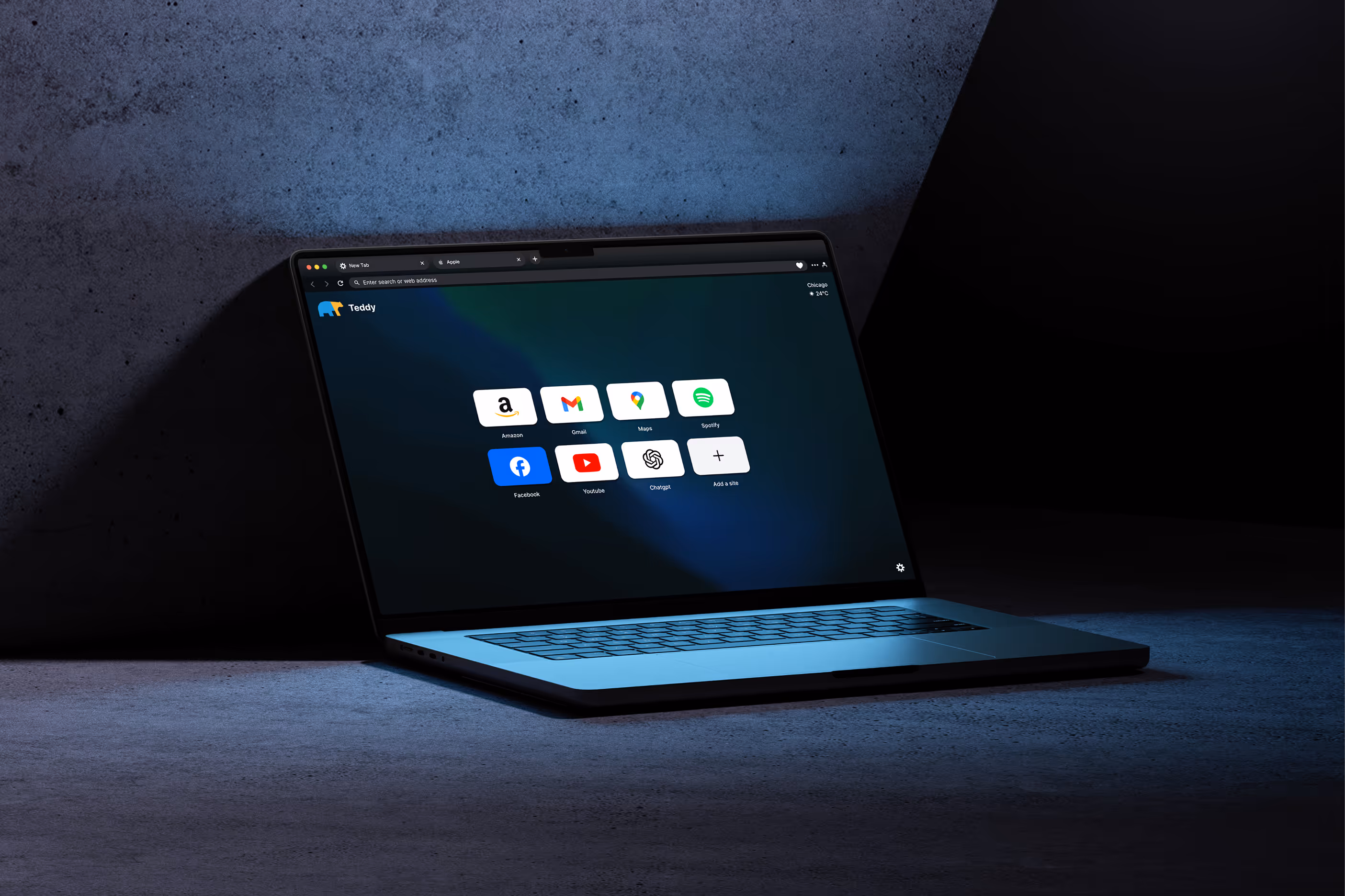 Custom browser start page with playful icon set and clean, dark UI.