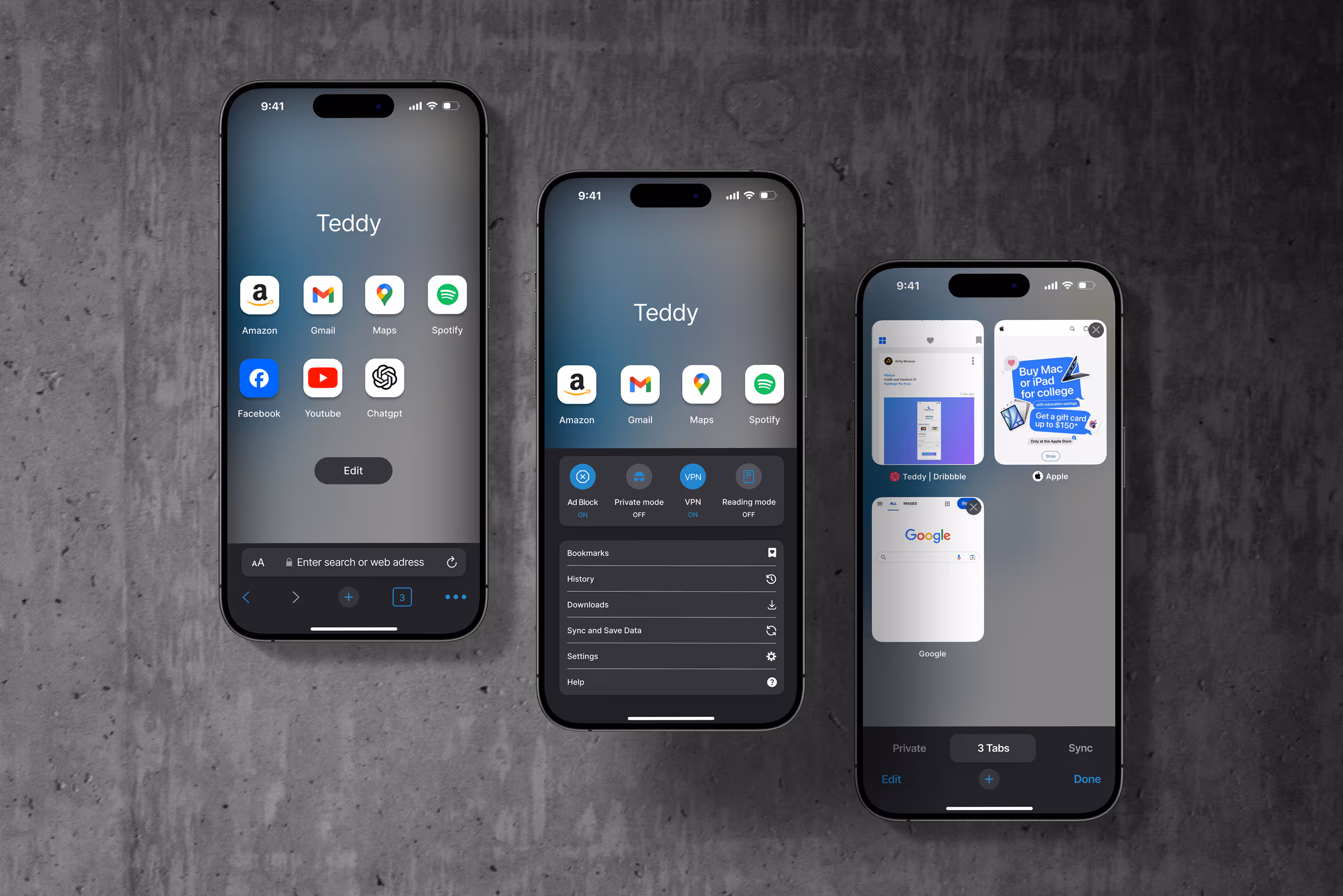 Main features shown: shortcuts, VPN toggle, and tab manager.