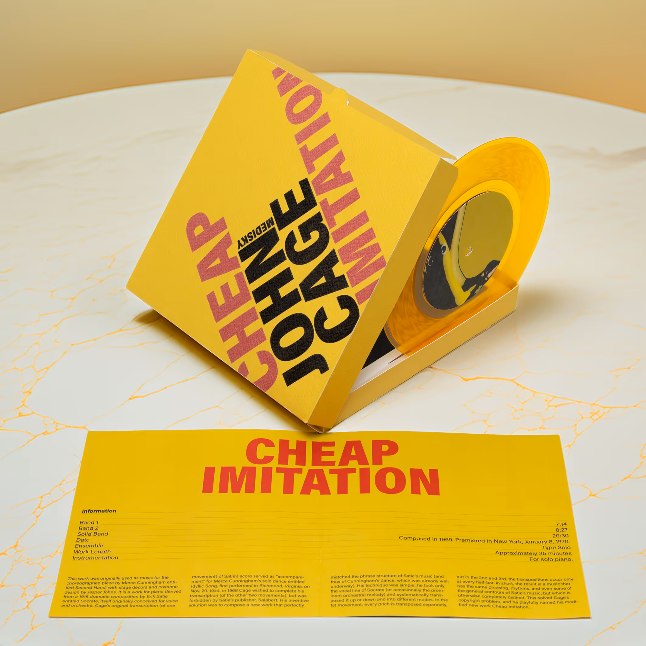 Bold, experimental record design reflecting John Cage’s concept of imitation.