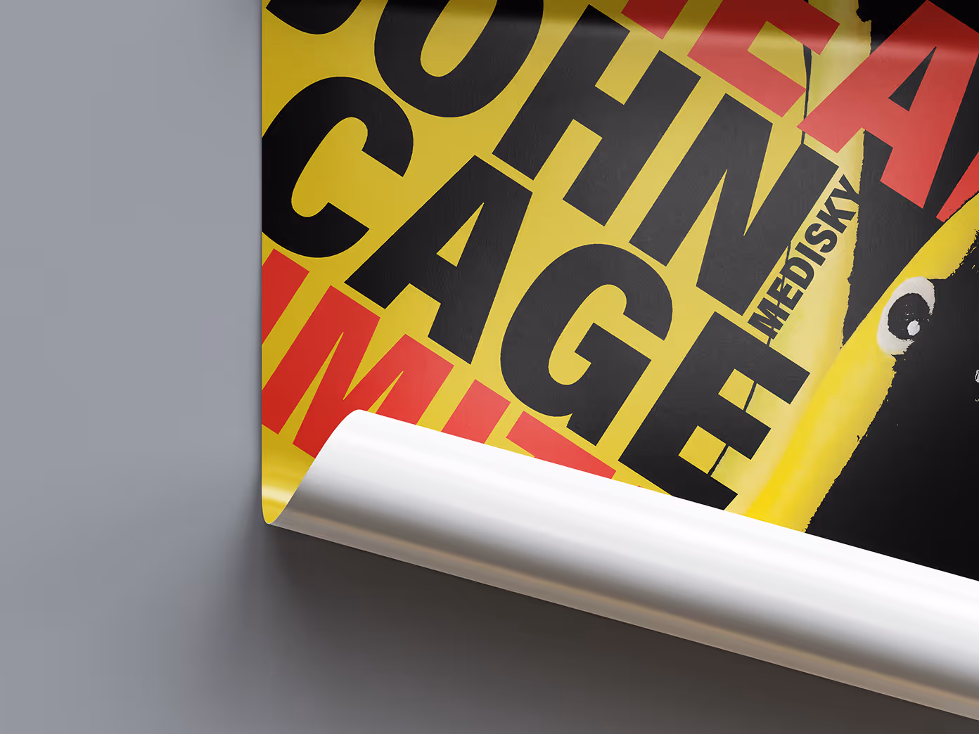 Close-up of layered type and color inspired by Cage’s experimental tone.