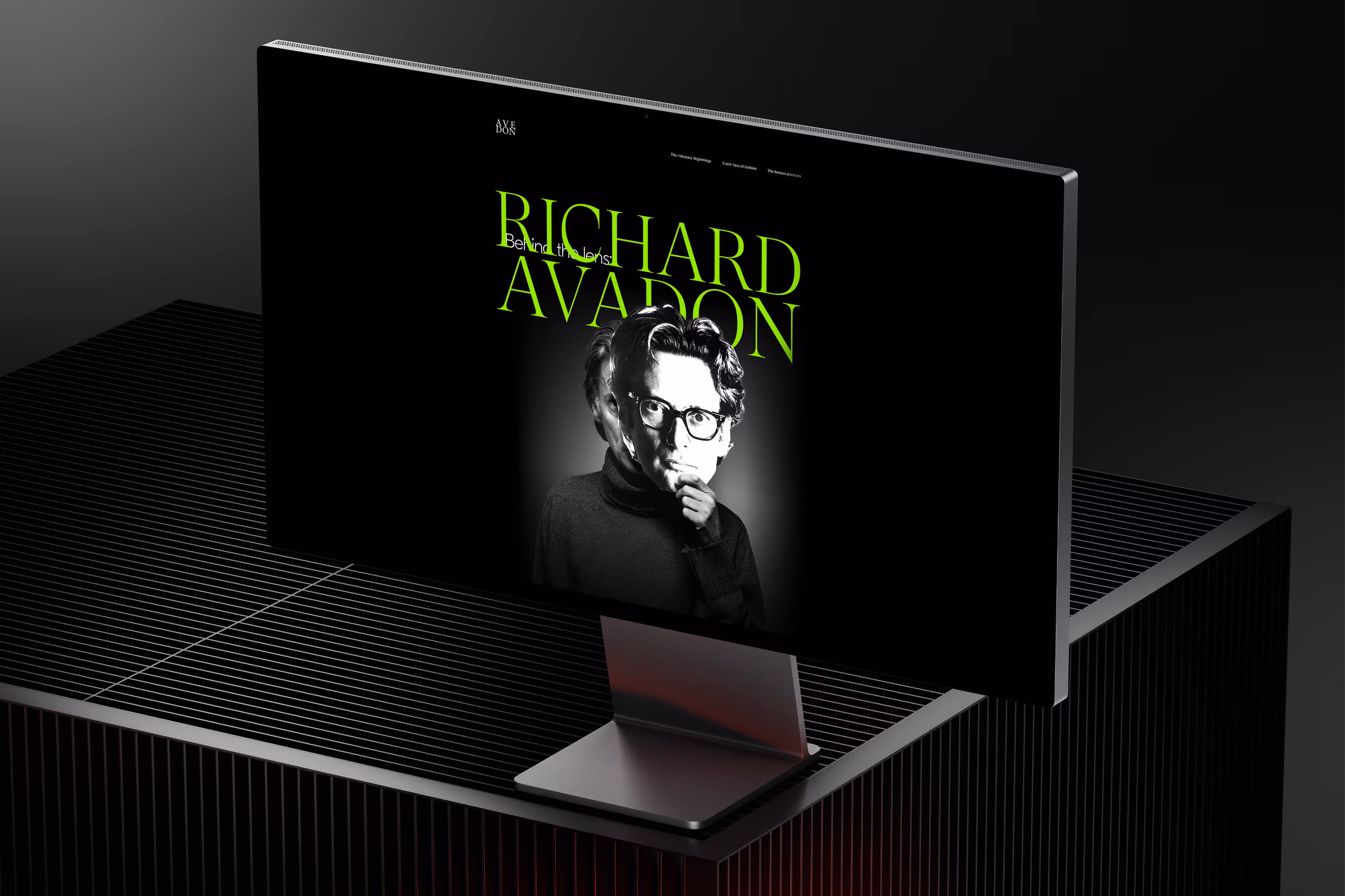 Landing page design honoring Avedon’s legacy with bold typography and a dramatic visual tone.