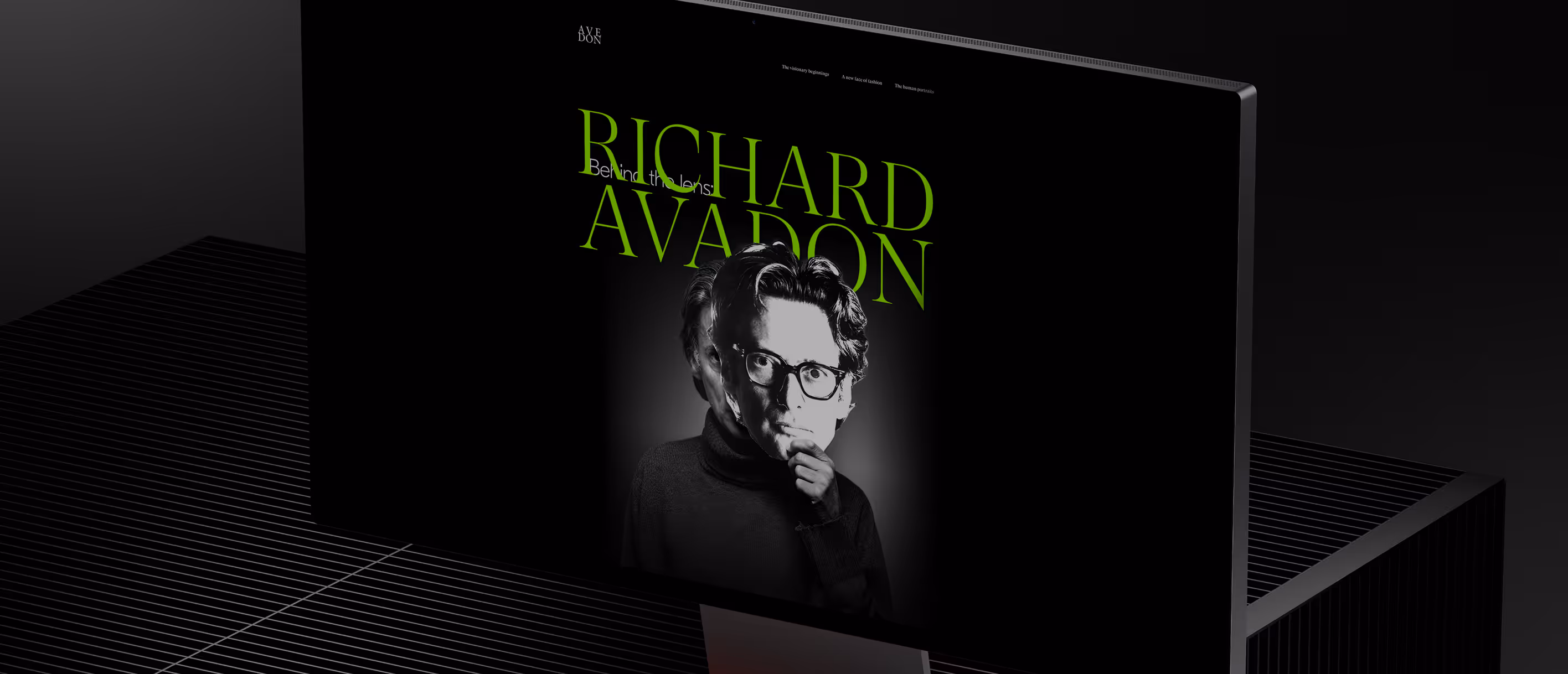 Landing page design honoring Avedon’s legacy with bold typography and a dramatic visual tone.