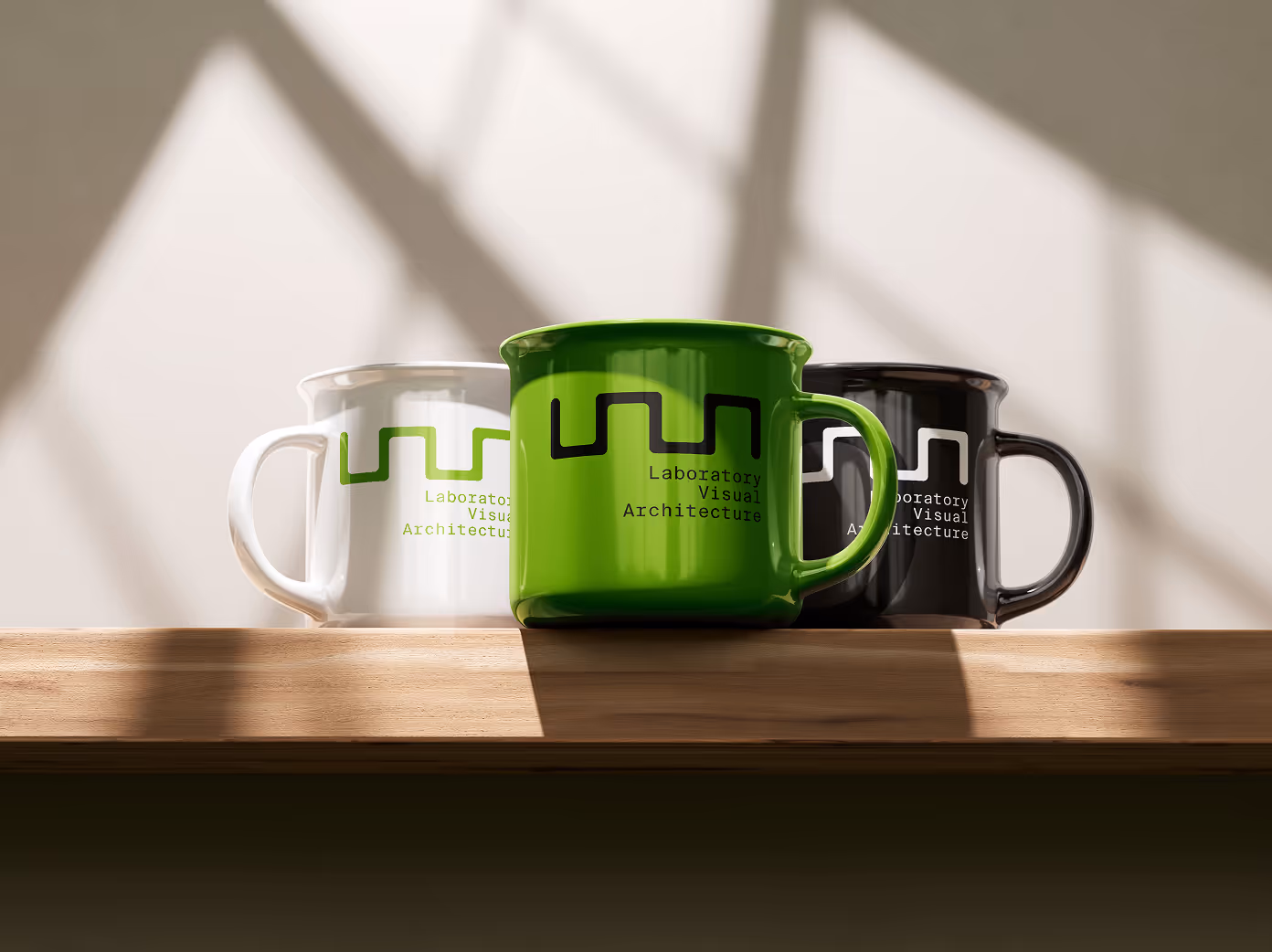 Logo applied to custom mugs in brand colors for promotional use.