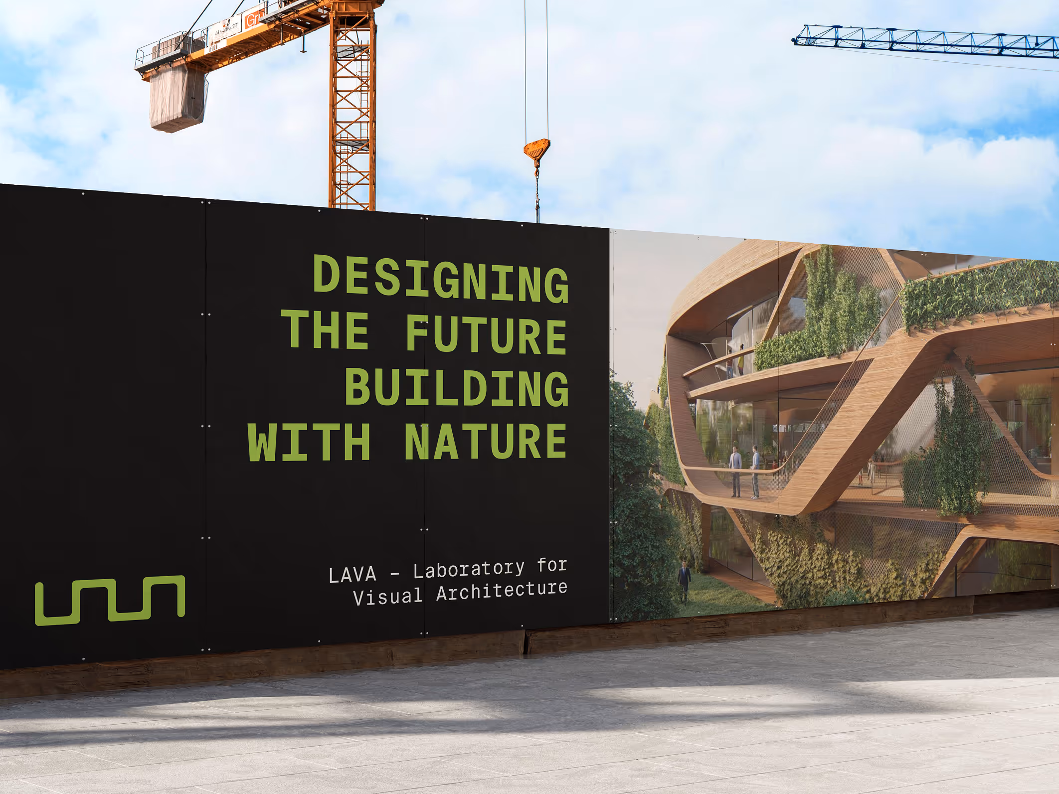 Eco-conscious slogan and branding showcased on construction hoarding, aligning architecture with nature.