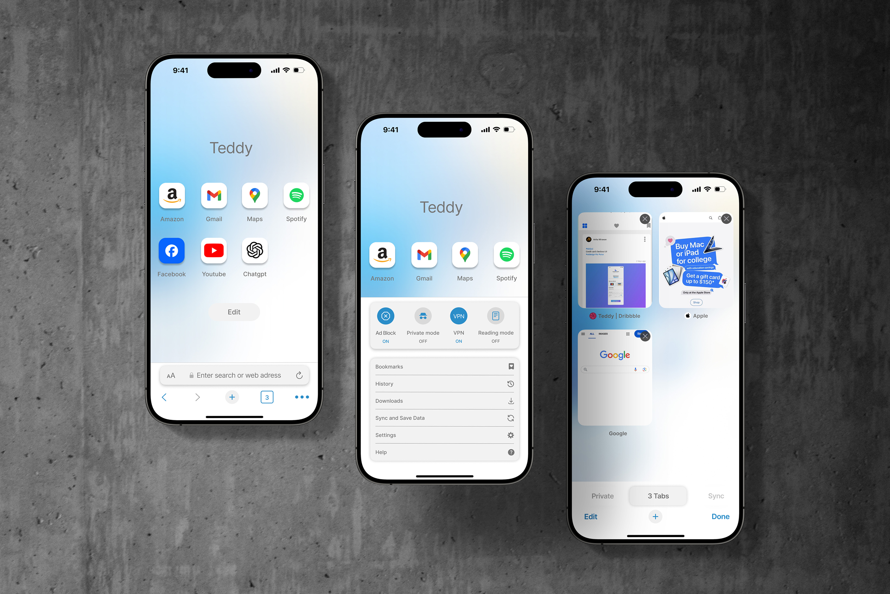 Main features shown: shortcuts, VPN toggle, and tab manager.