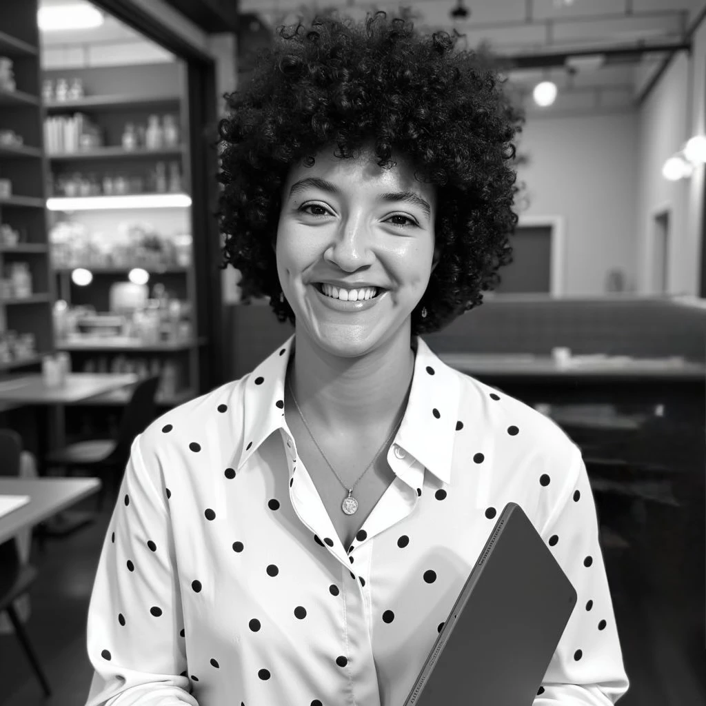 Estelle Paruta, rédactrice web SEO et copywriter, sourit en tenant son ordinateur, dans un cadre de travail convivial – une image qui reflète son approche accessible, claire et sur-mesure.