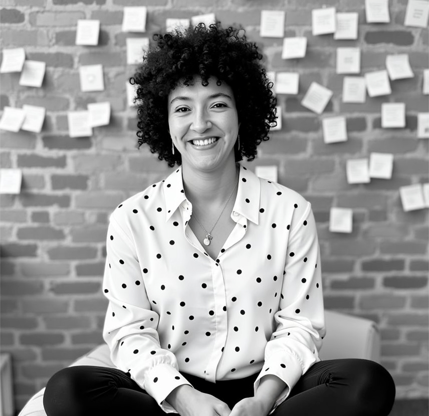 Portrait d’Estelle Paruta, rédactrice web neuroatypique, assise en tailleur et souriante, devant un mur de post-it – une image qui incarne sa rigueur méthodique, sa créativité et son regard singulier sur le monde du travail.