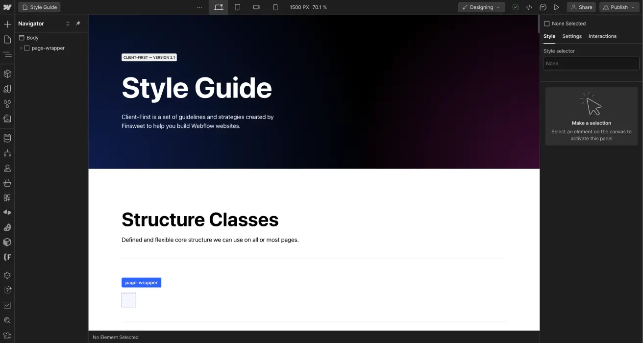 Écran d'un style guide Webflow Client-First