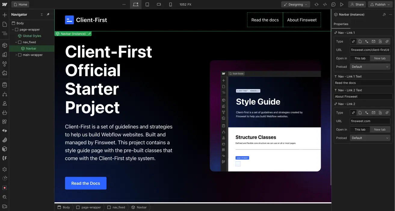 Écran d'un composant Webflow