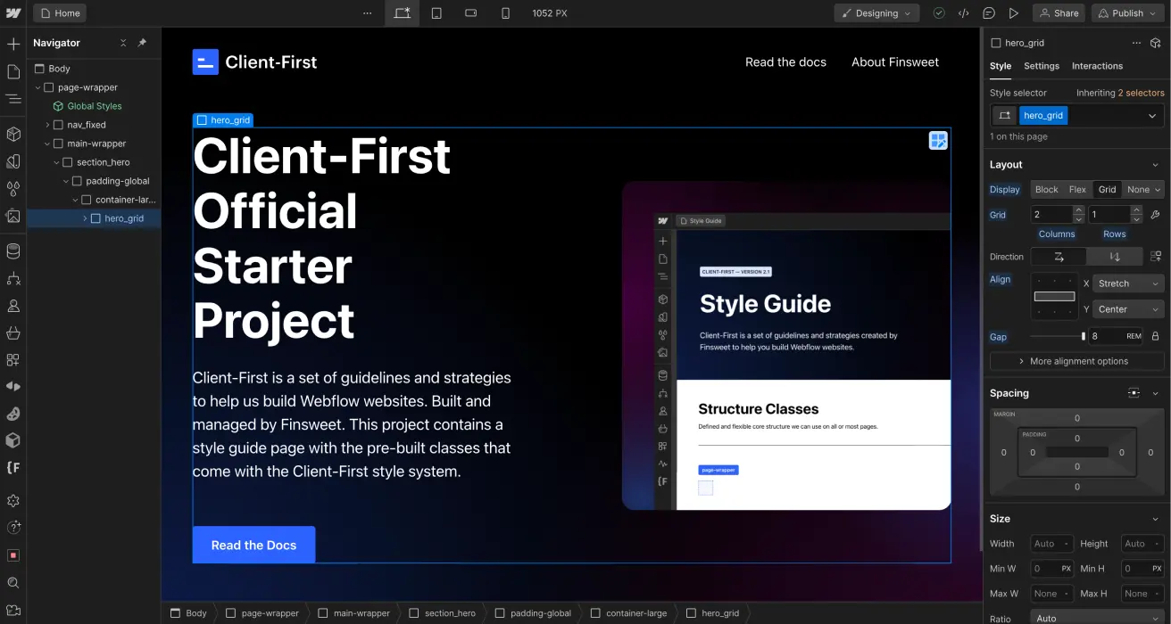 Écran d'une page de Designer Webflow