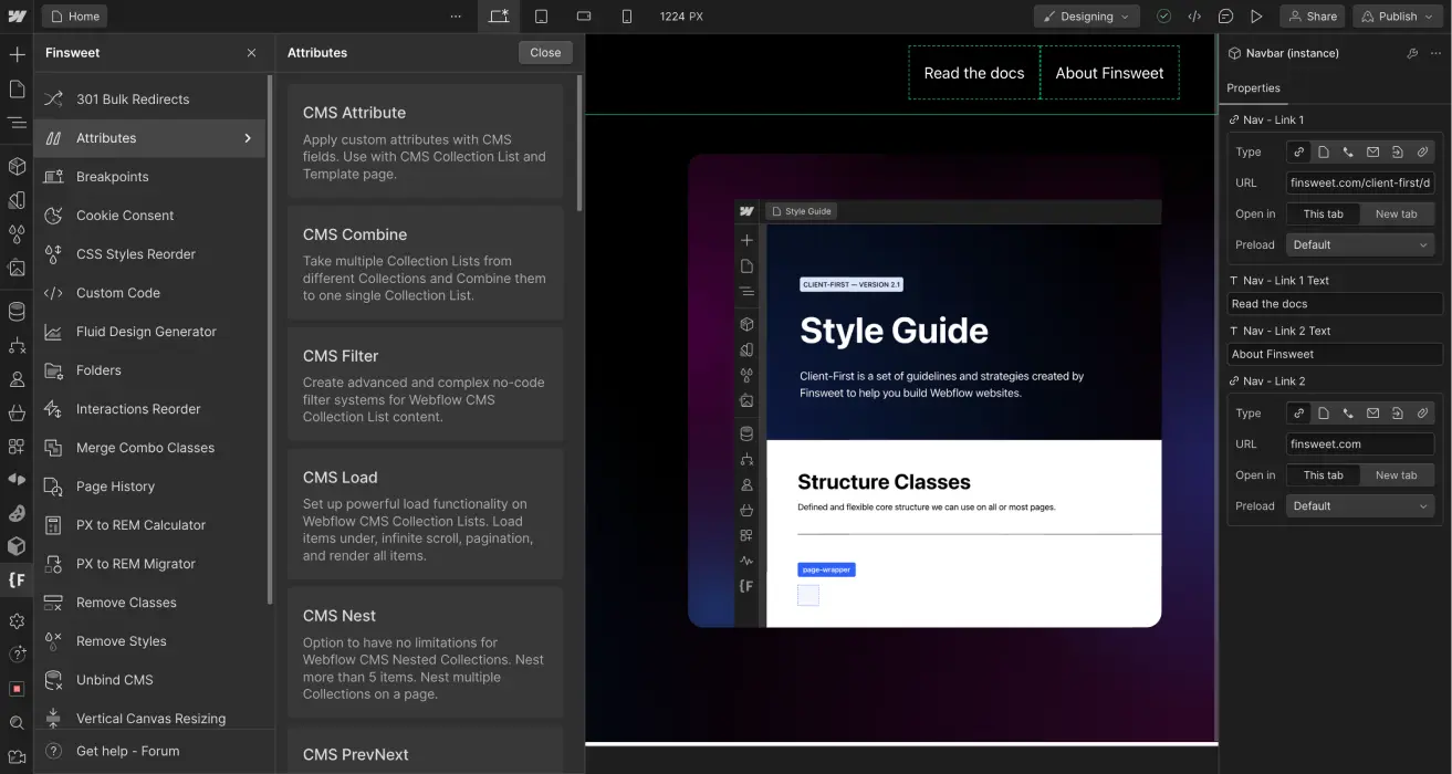 Écran de fonctionnalités Webflow pour développer