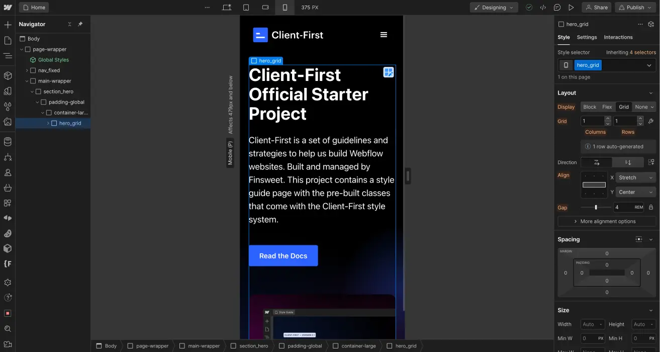 Écran du responsive en cascade de Webflow