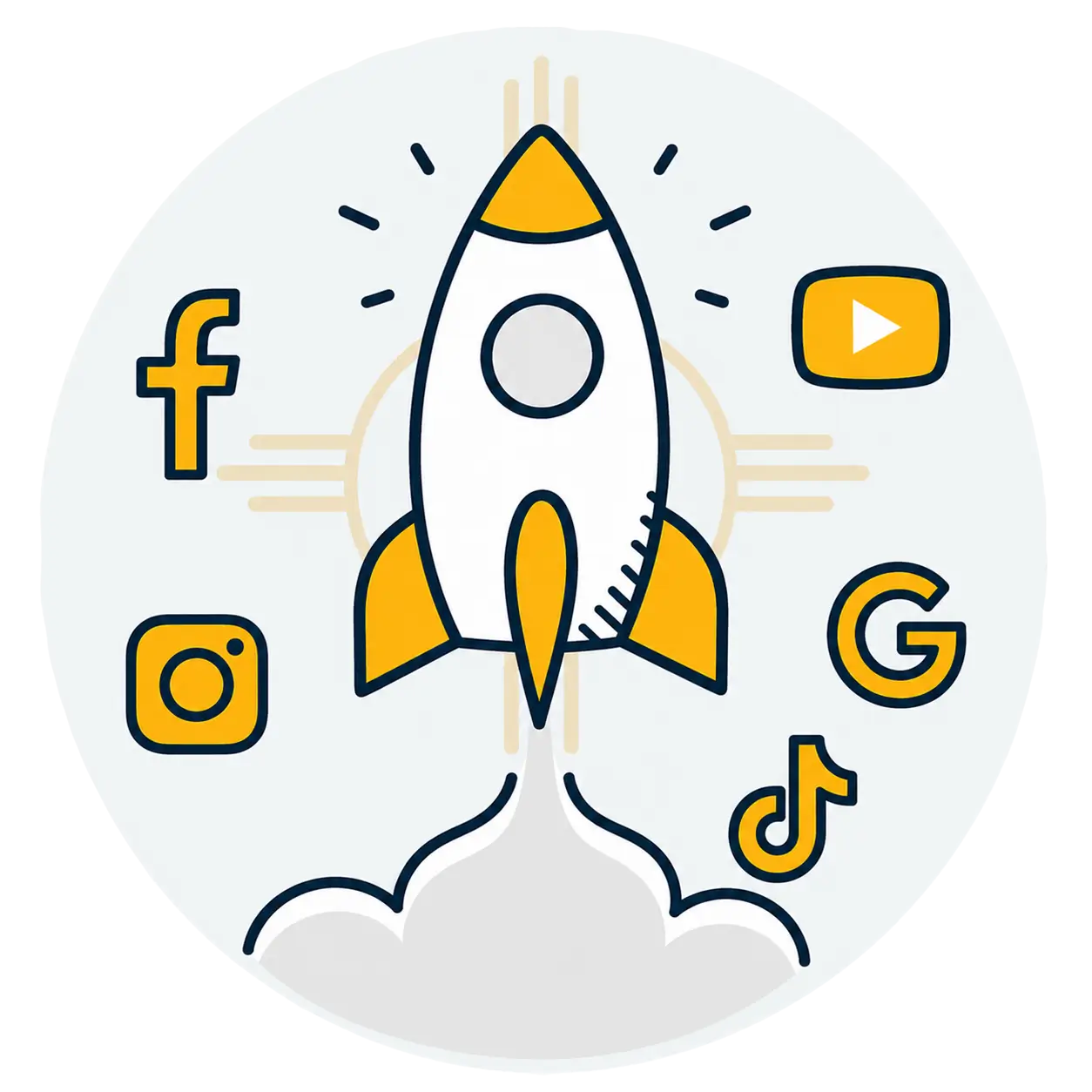 Rocket launch illustration with New Mexico Zia symbol, Google, Facebook, and YouTube icons representing local SEO, social media marketing, and digital business growth in New Mexico.