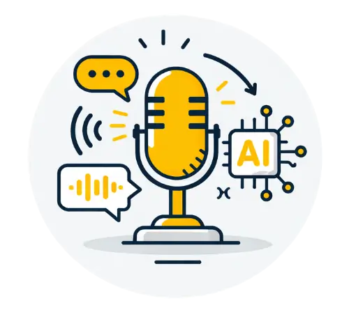 AI voice assistant illustration featuring a microphone, speech bubbles, and AI chip representing AI phone answering, voice automation, and virtual receptionist services for businesses.