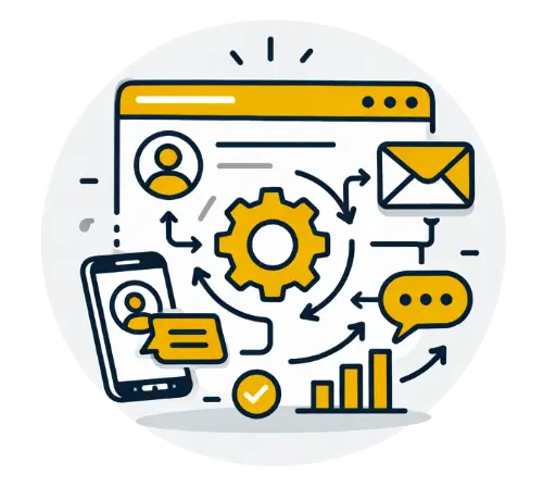 Illustration of a customer relationship management (CRM) system connecting email, messaging, mobile, automation, analytics, and customer data to streamline business operations and lead management.