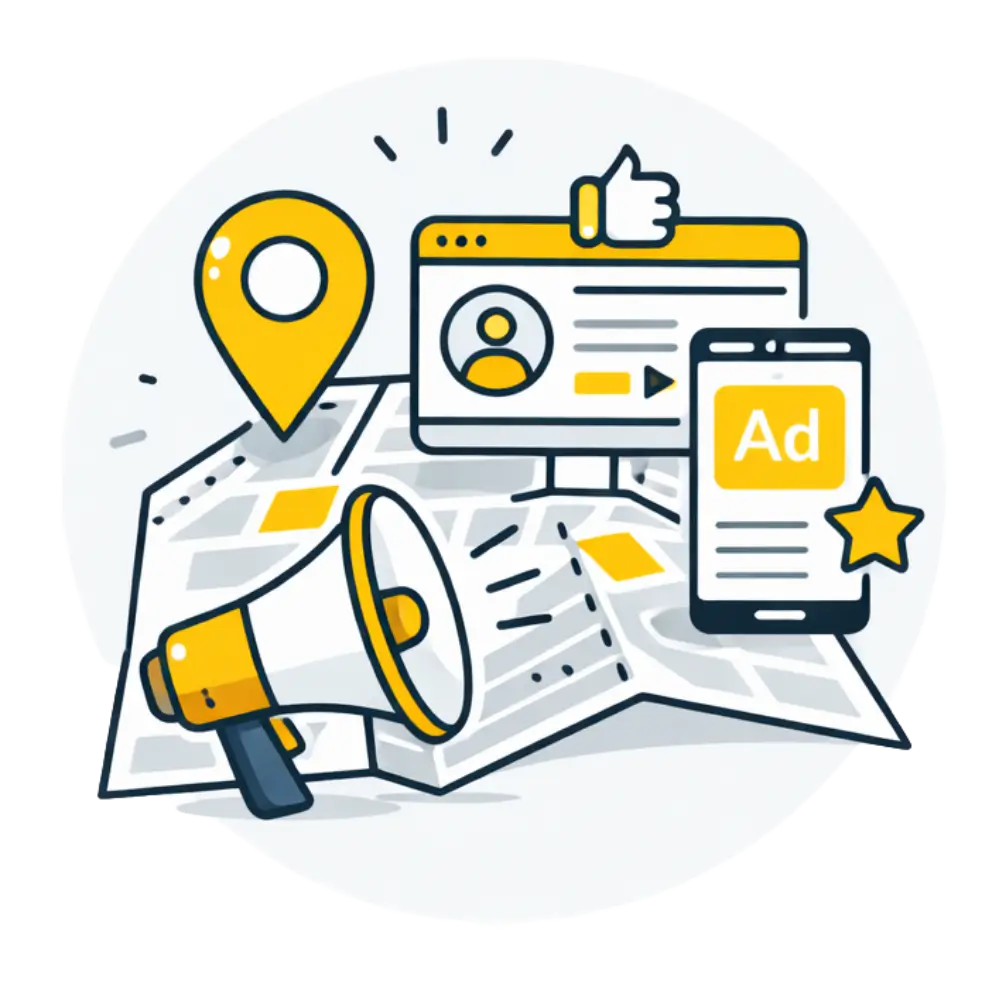 Local digital marketing illustration featuring a map, location pin, online ads, and social media representing local SEO, Google Ads, reputation management, and customer acquisition for local businesses.