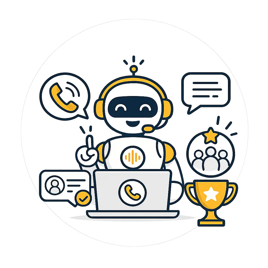 Friendly AI voice assistant robot wearing a headset behind a laptop, surrounded by phone, chat, customer profile, and five-star customer service icons, representing 24/7 AI call answering, lead capture, and customer support.