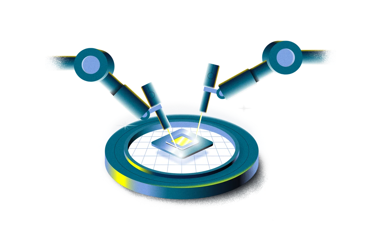 Two robotic arms bringing a semiconductor chip into focus on a lit inspection platform